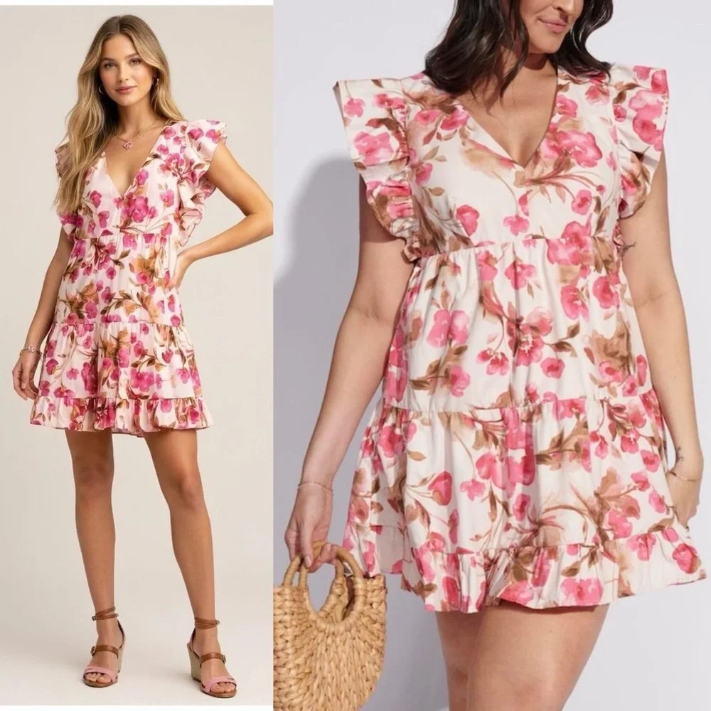 Abercrombie pink brown floral flutter sleeve babydoll mini full dress large - Picture 1 of 5